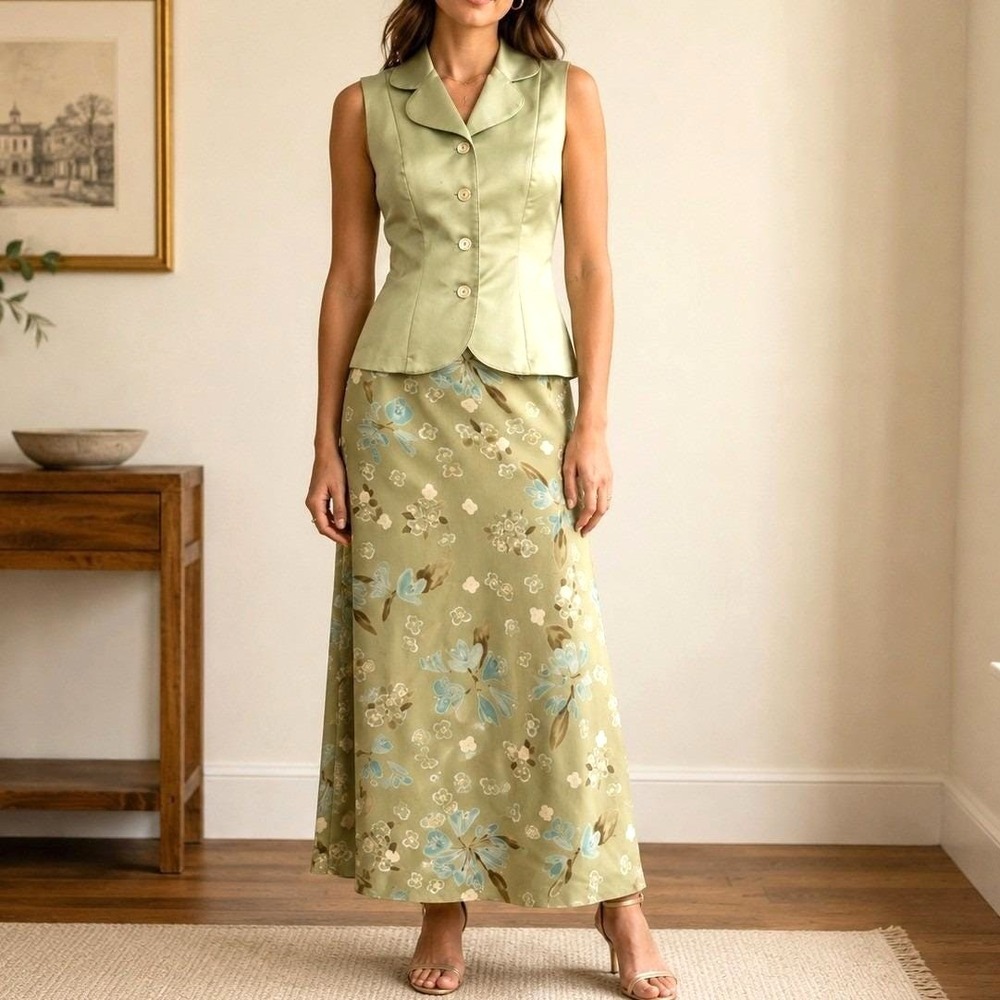 VTG 90s Giorgio Fiorlini Satin Vest Floral Maxi Skirt Set Size 8 Made in USA